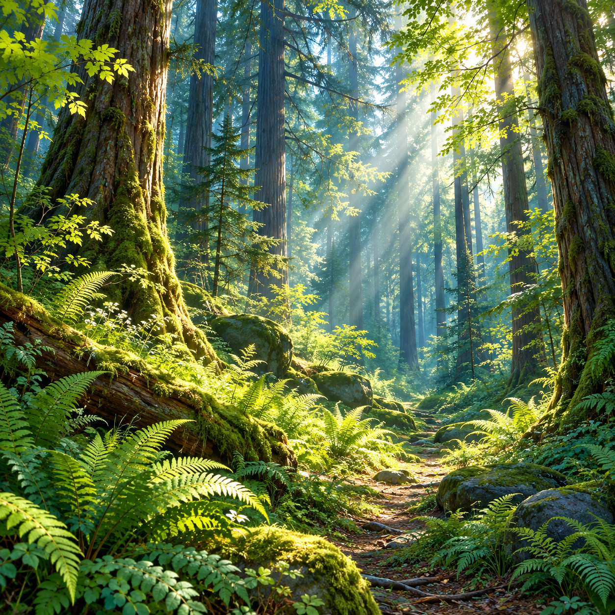 Sunlight filtering through a lush green forest
