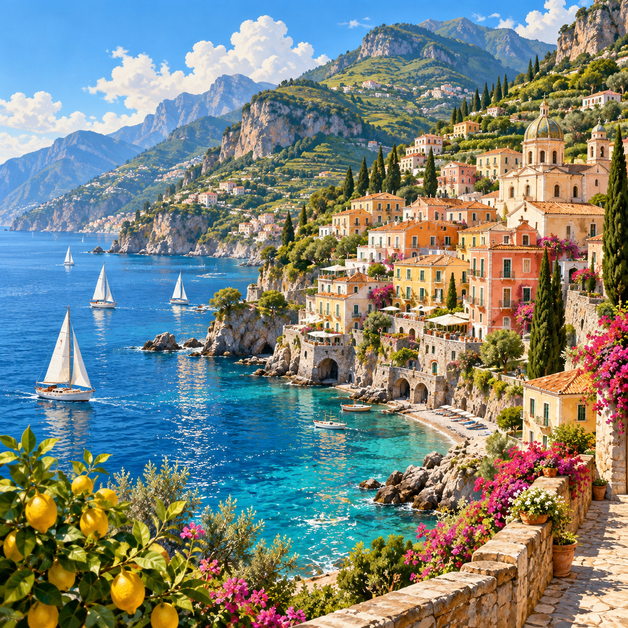 A sunlit Mediterranean village overlooking sailboats and blue sea